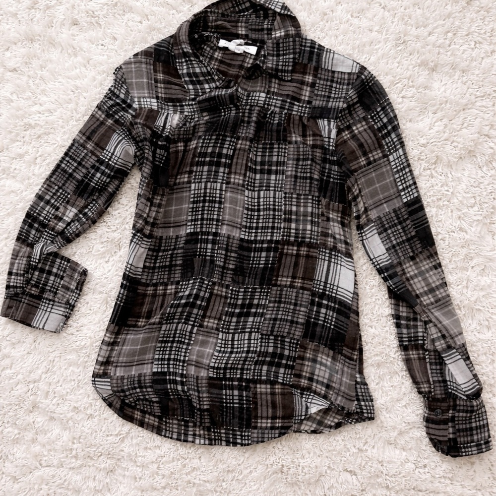Bcbgeneration Black Gray Plaid Button Down Blouse… - image 1